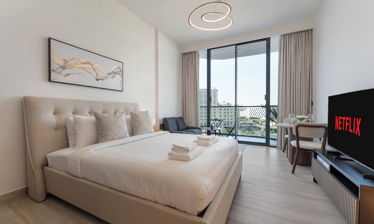 Al Barsha Apartment | Chic Studio Cinema & Game Room in Arjan