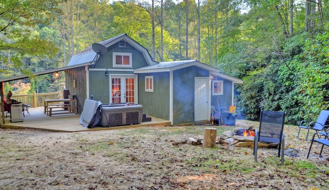 Cozy Forest Tiny Cabin Hot Tub Fire Pit Pets Welcome Near NOC & GSMR in Almond
