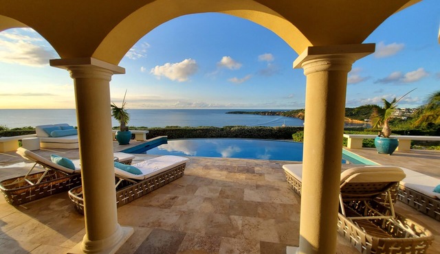 Panoramic view of Crocus Bay; spacious; private; heated pool in Katouche Bay