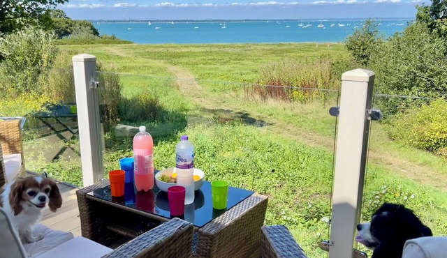 Paws a While! caravan with uninterrupted views of Solent and direct beach access in Great Thorness