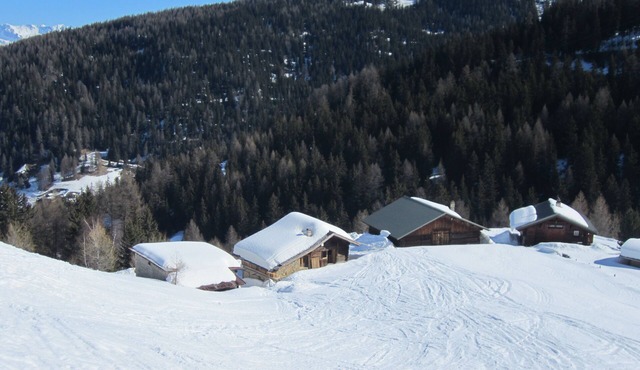 Typical Savoyard chalet with roof shingles, tufa walls and foist in La Plagne Tarentaise