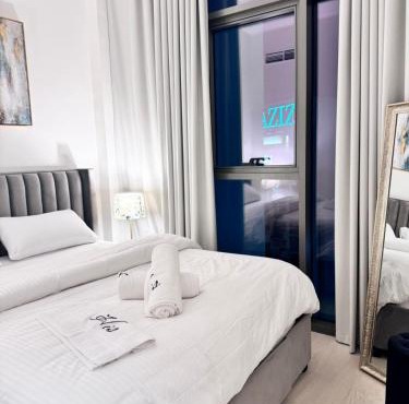 Burj Khalifa view modern 1BHK with balcony